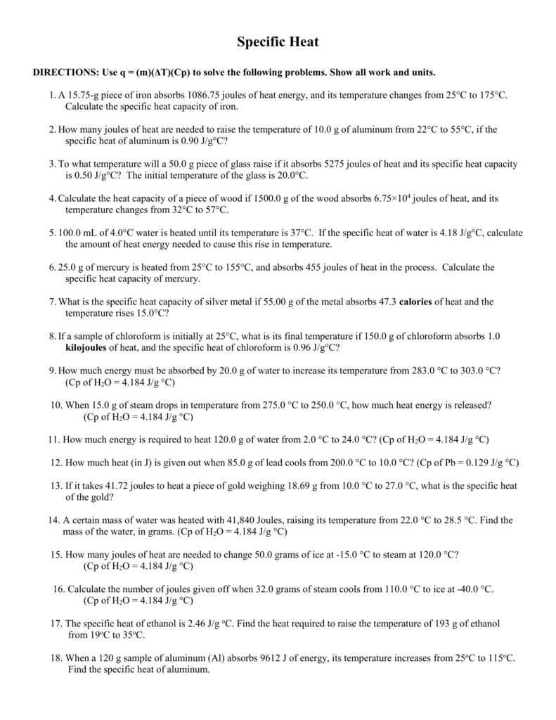 Specific Heat Worksheet 2 Answer Key Thekidsworksheet