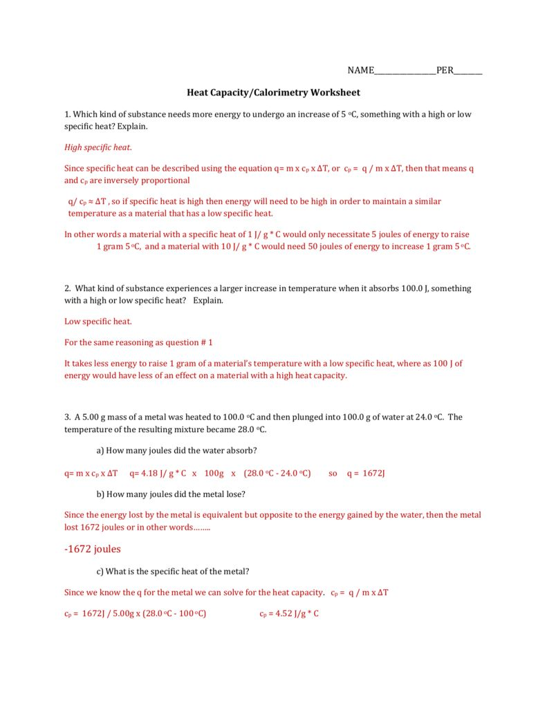 Specific Heat Worksheet Answer Key Briefencounters