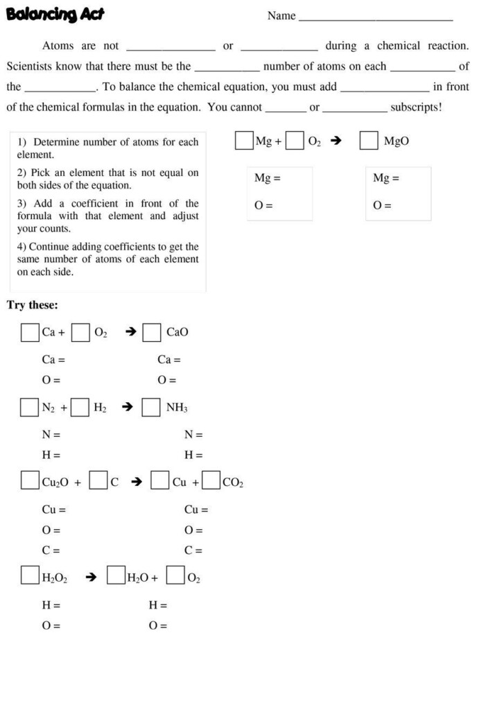 Spice Of Lyfe Balancing Chemical Equations Worksheet Grade 10 Cbse
