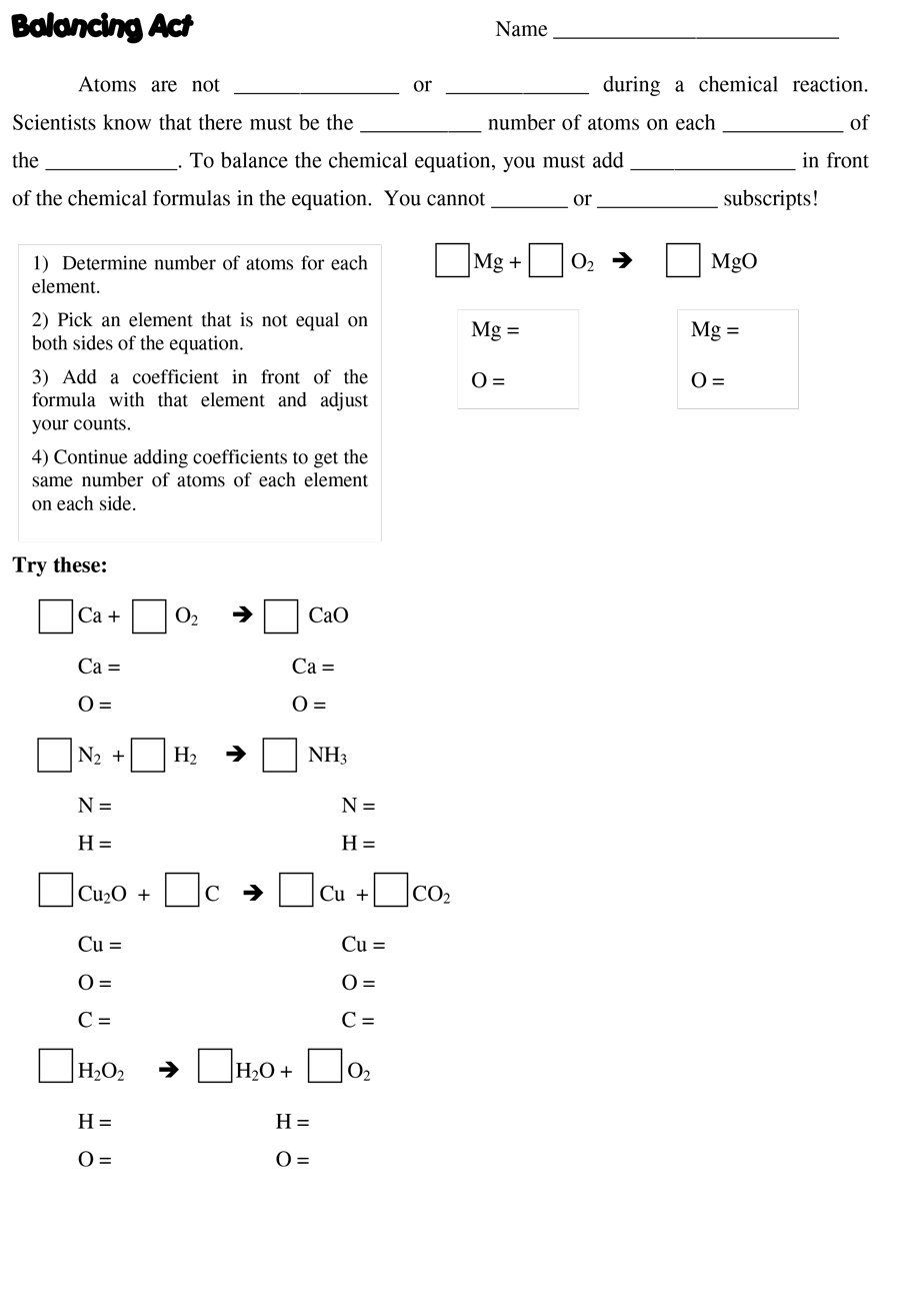 Spice Of Lyfe Balancing Chemical Equations Worksheet Grade 10 Cbse