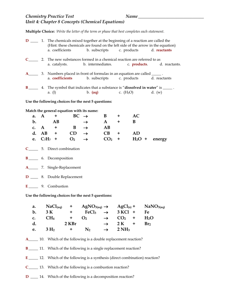 Spice Of Lyfe Chemical Equations And Reactions Chapter 8 Test