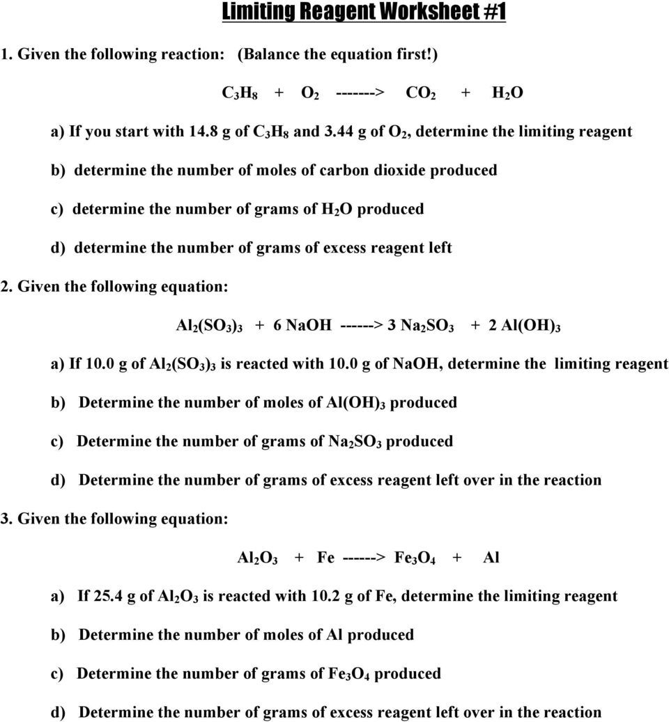 Stoichiometry Limiting Reagent Worksheet