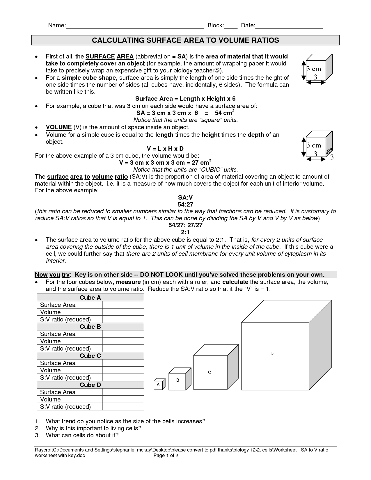 Surface Area To Volume Ratio Cells Worksheet Google Search Volume 