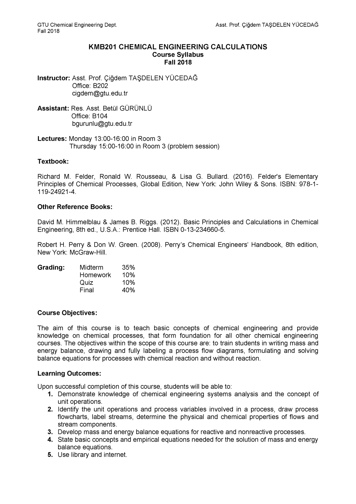 Syllabus KMB201 Chemical Engineering Calculations CHE101 StuDocu