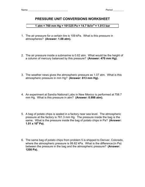 Temperature Conversion Worksheet Answer Key Pressure Unit Conversions