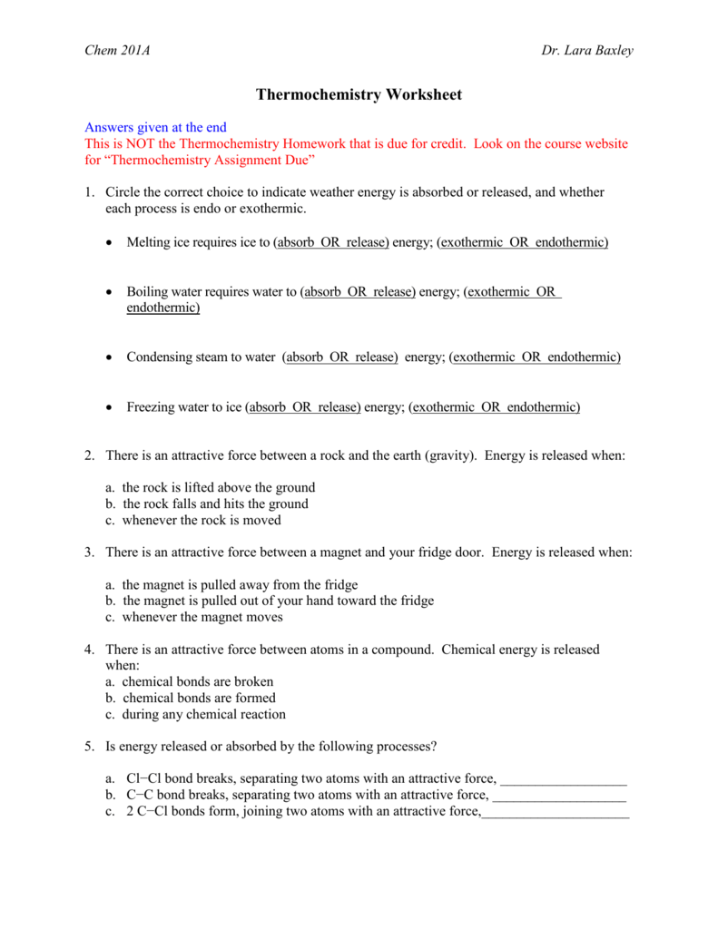 Thermochemistry Worksheet 1 Answers Promotiontablecovers