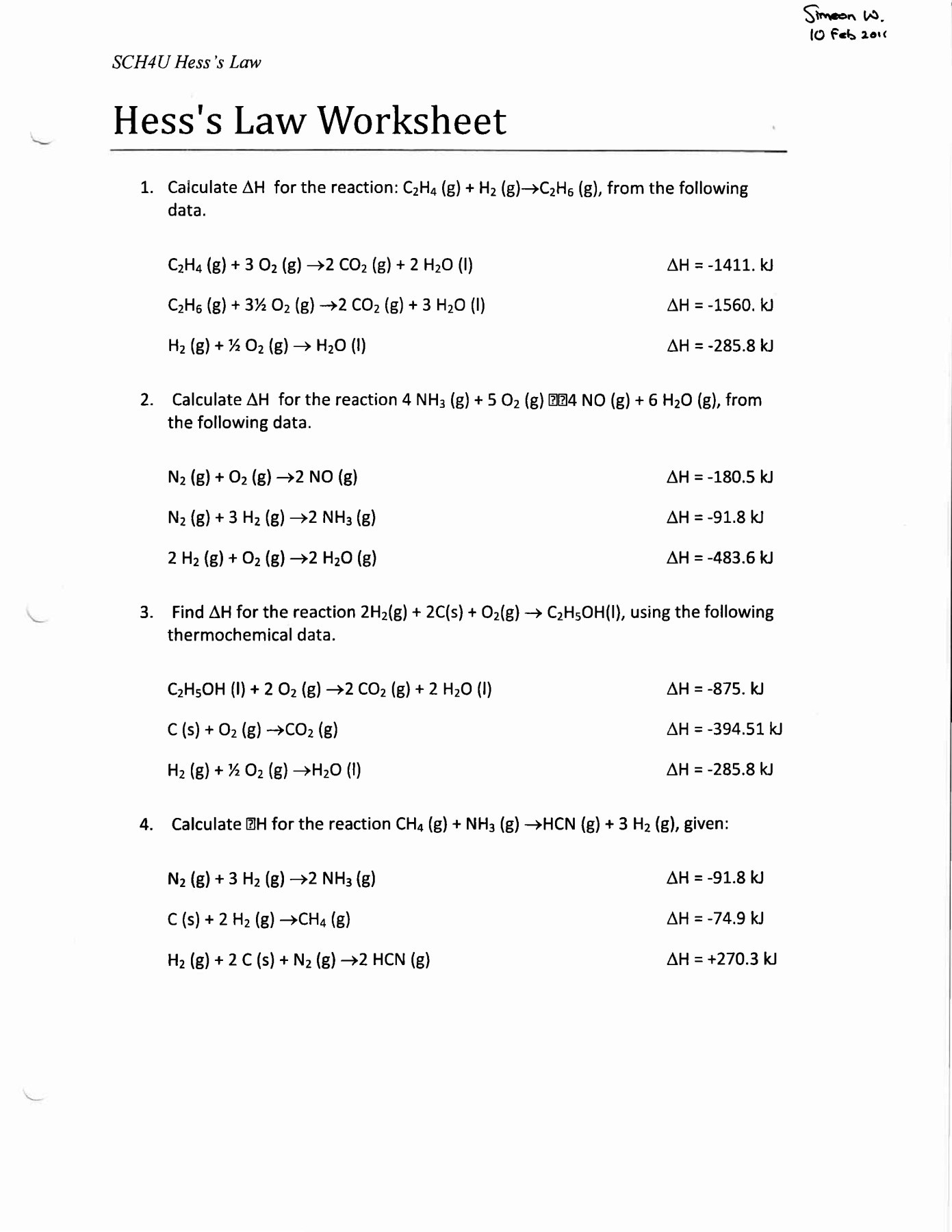 Thermochemistry Worksheet 1 Answers Worksheet List