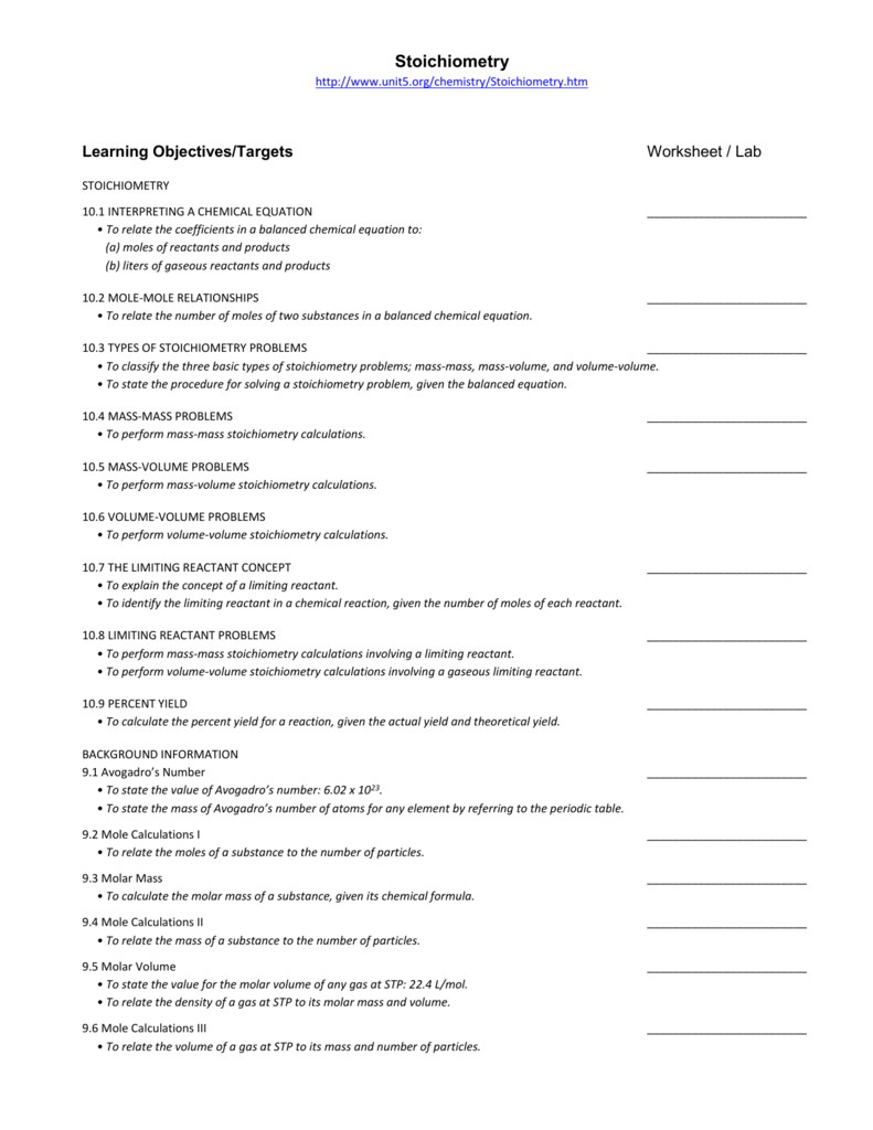 Topics Stoichiometry