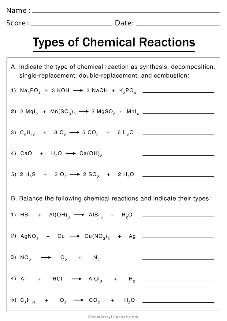 Types Of Chemical Reactions Worksheets Chemistry Learner