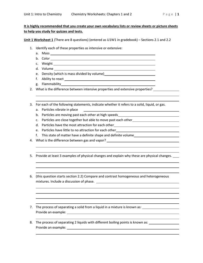 Unit 1 Intro To ChemistryChemistry Worksheets Chapters 1 And