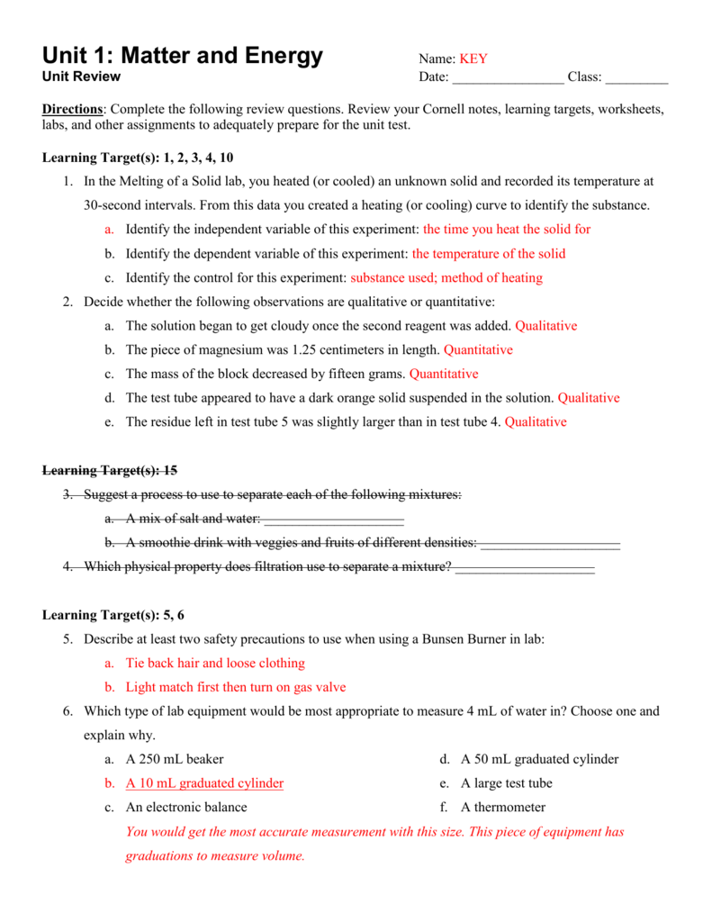 Unit 1 Matter And Energy Review WS ANSWERS