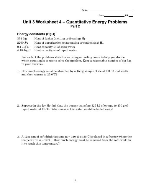 Unit 3 Worksheet 3 Quantitative Energy Problems Answers Pdf Worksheet