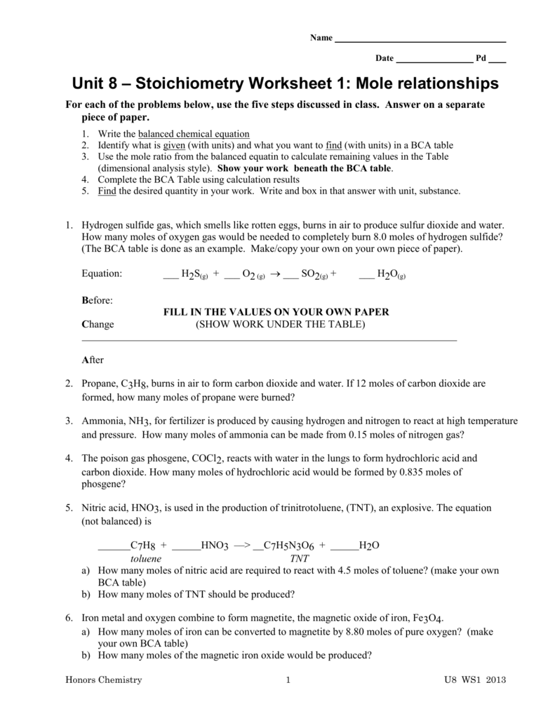 Unit 8 Stoichiometry Worksheet 1 Mole Relationships