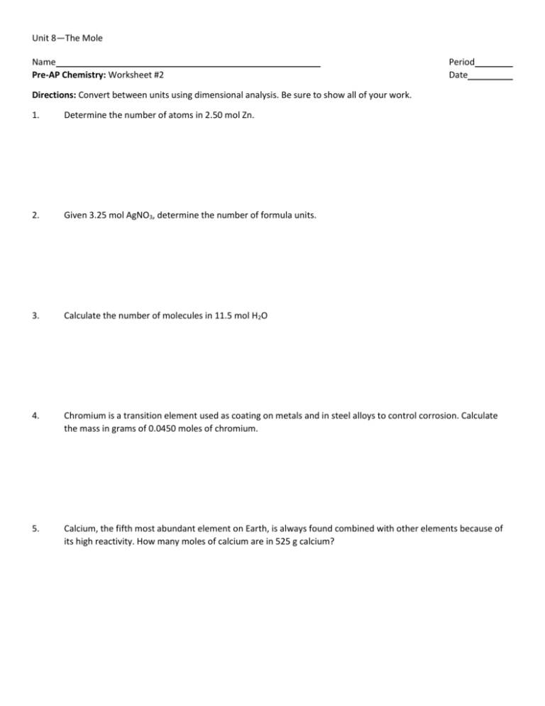 Unit 8 The Mole Name Period Pre AP Chemistry Worksheet 2