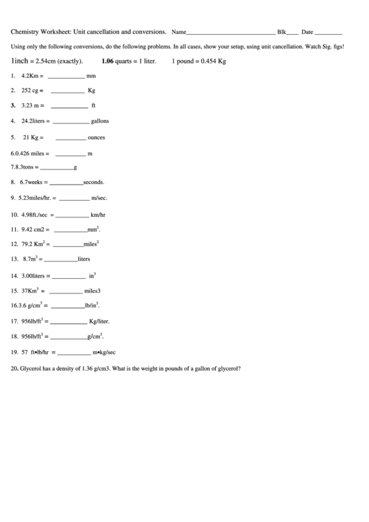 Unit Cancellation And Conversions Worksheet Printable Pdf Download