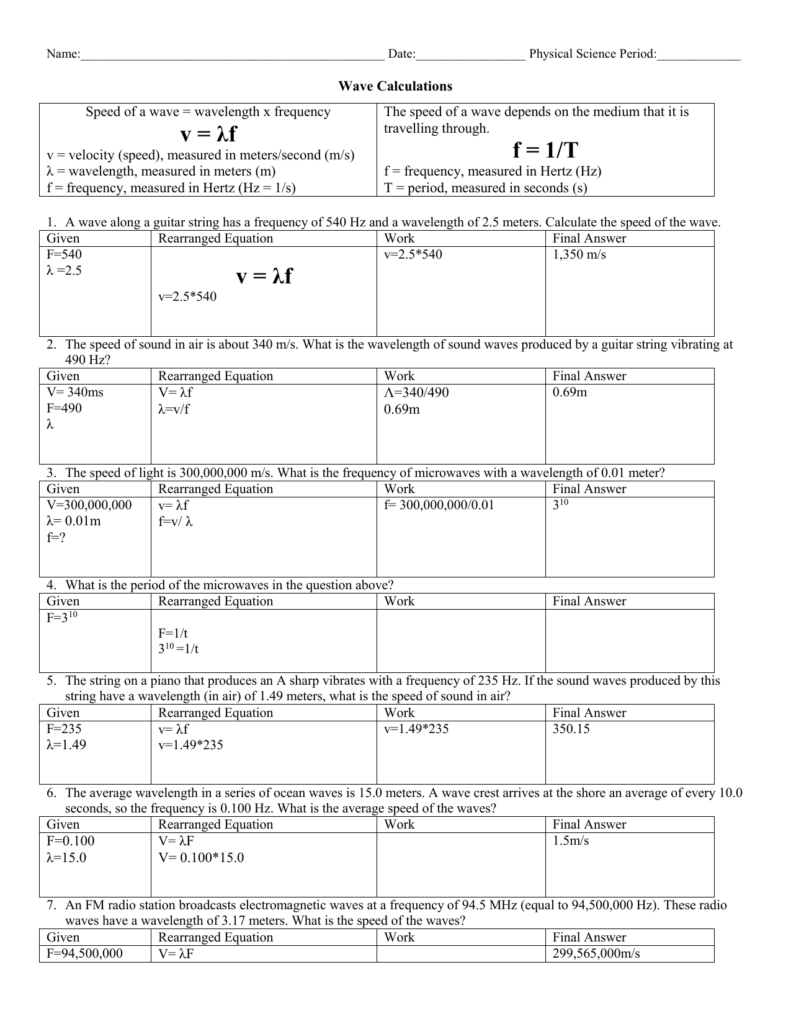 Wave Speed Equation Practice Problems Key Answers Speed Wavelength 