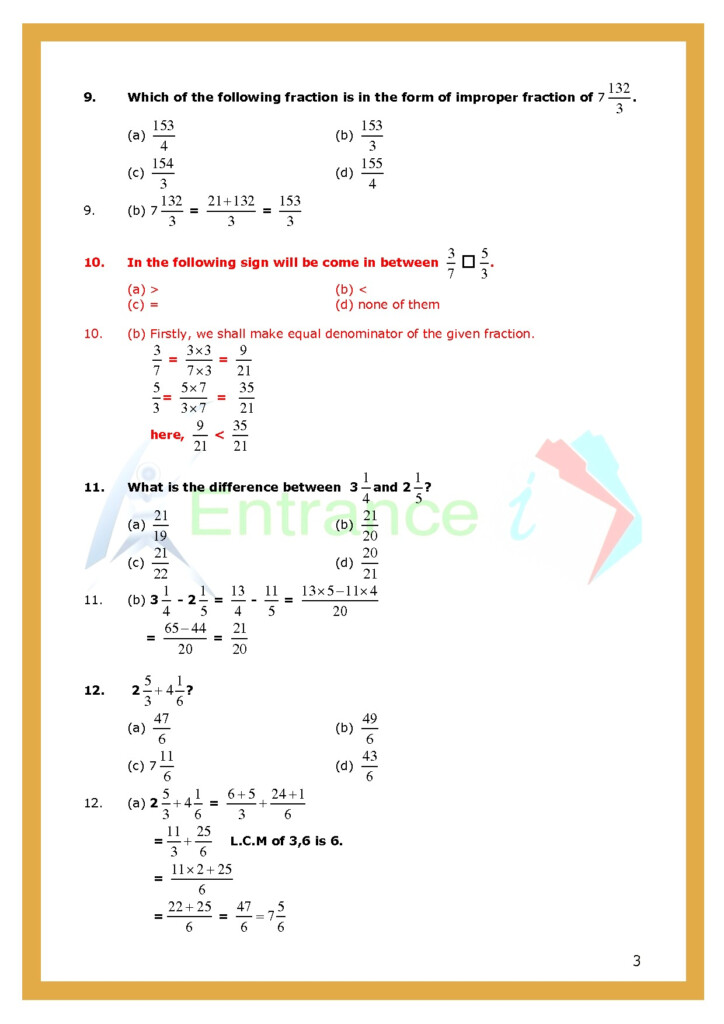 Worksheet 2 For Chapter Fractions Class 6 Maths Entrancei