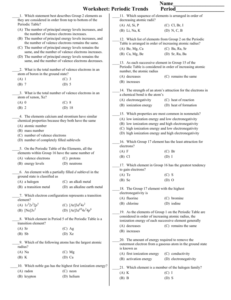 Worksheet 7 Trends On The Periodic Table Topic 2 Answer Key Review