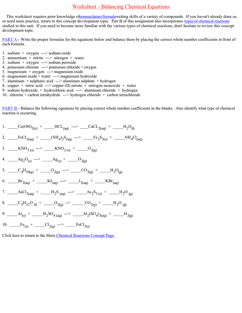 Worksheet Balancing Chemical Equations