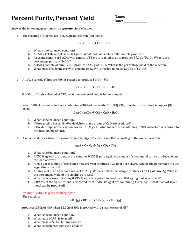 Worksheet Percent Purity And Percent Yield