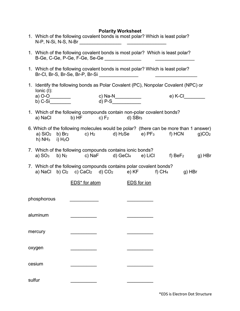 Worksheet Polarity Of Bonds Answers Worksheet List