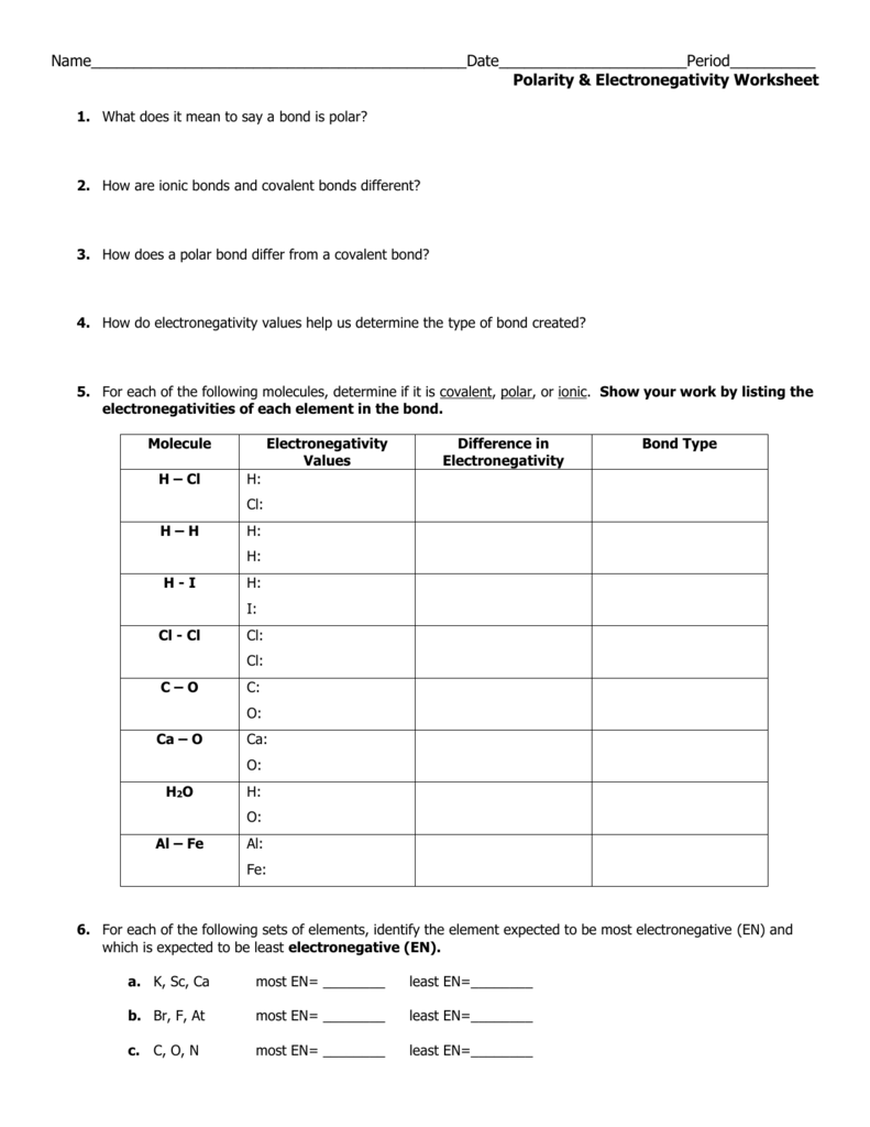 Worksheet Polarity Of Bonds Answers Worksheet List