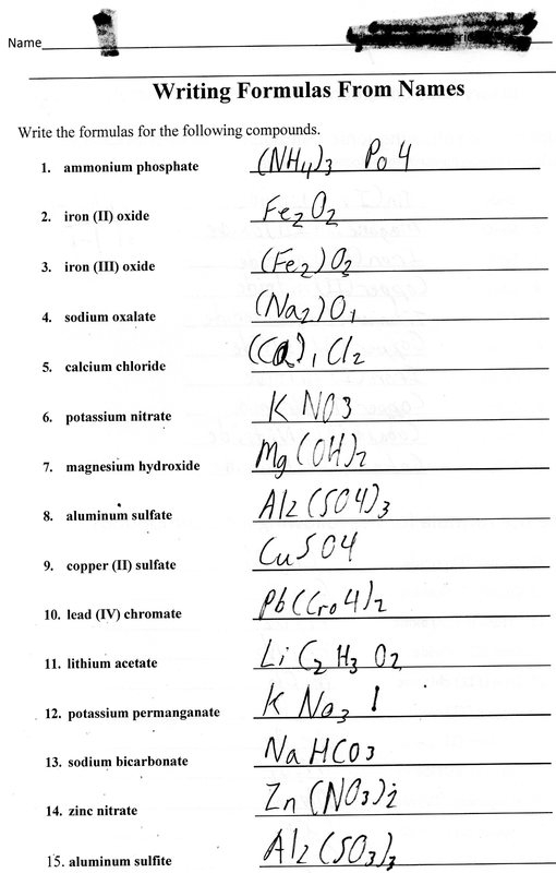 Writing Formulas From Names Worksheet Christopher White Warren County 