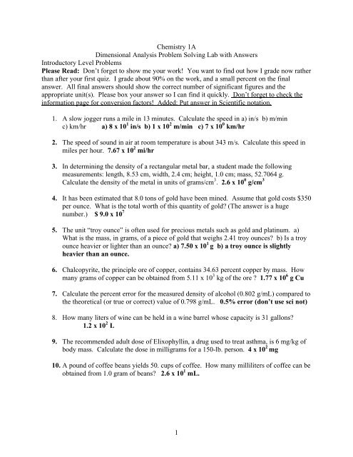 30 Chemistry Unit 1 Worksheet 6 Dimensional Analysis Answer Key 