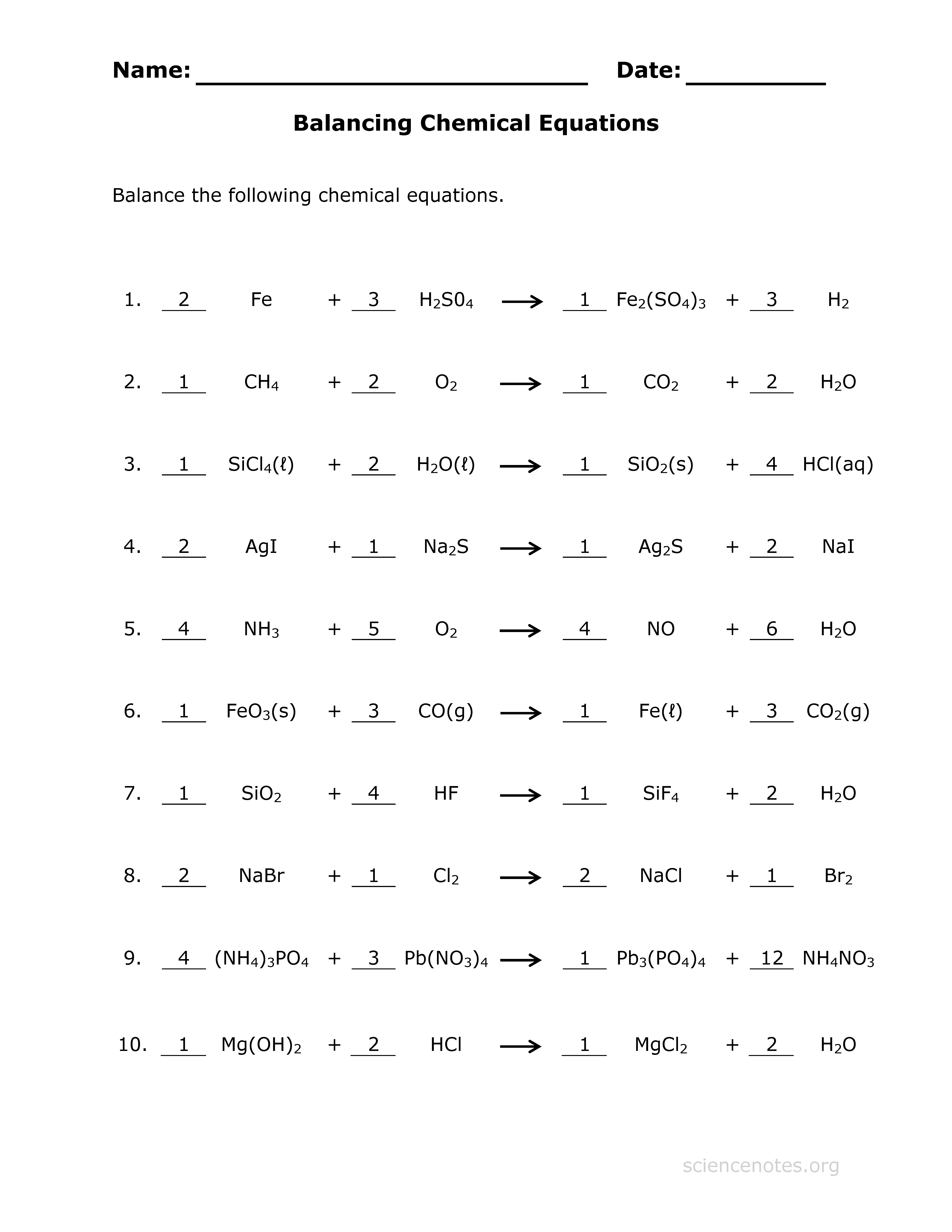 Answer Key For The Balance Chemical Equations Worksheet Balancing