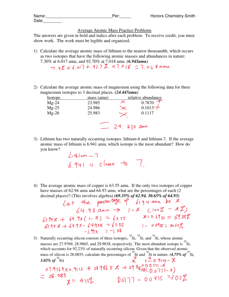 Average Atomic Mass Worksheet Answer Key Calculating Relative Atomic 