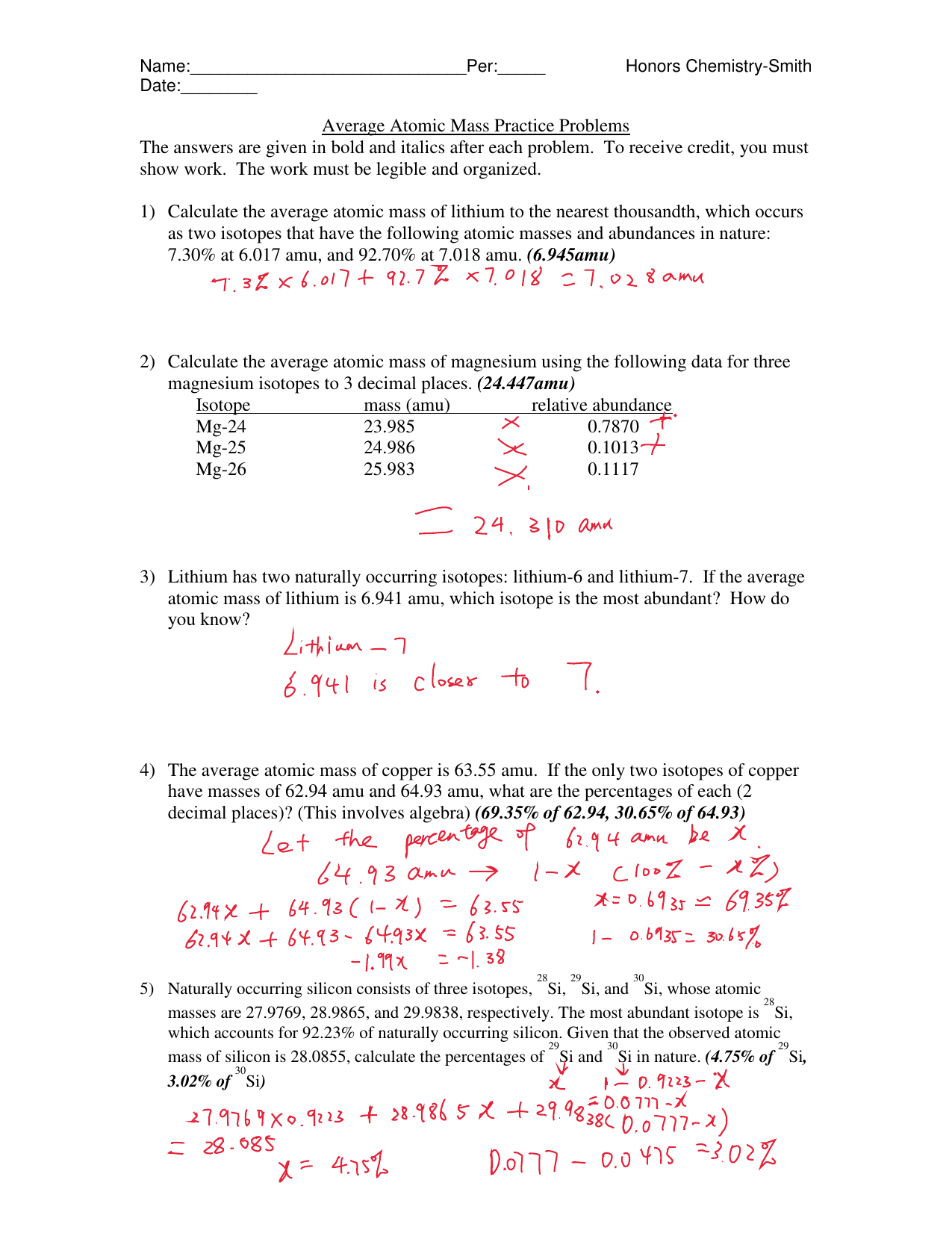 Average Atomic Mass Worksheet Answer Key Calculating Relative Atomic 