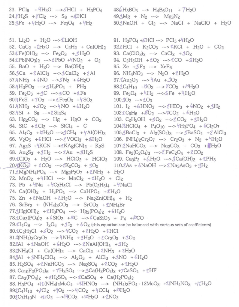 Balancing Chemical Equations Worksheet Answer Key 1 25