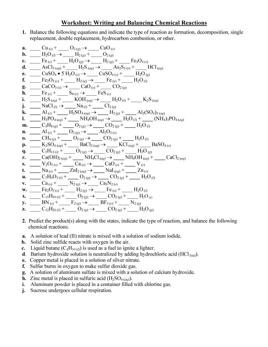  Balancing Chemical Equations Worksheet Answer Key Pdf Theodore Bailey