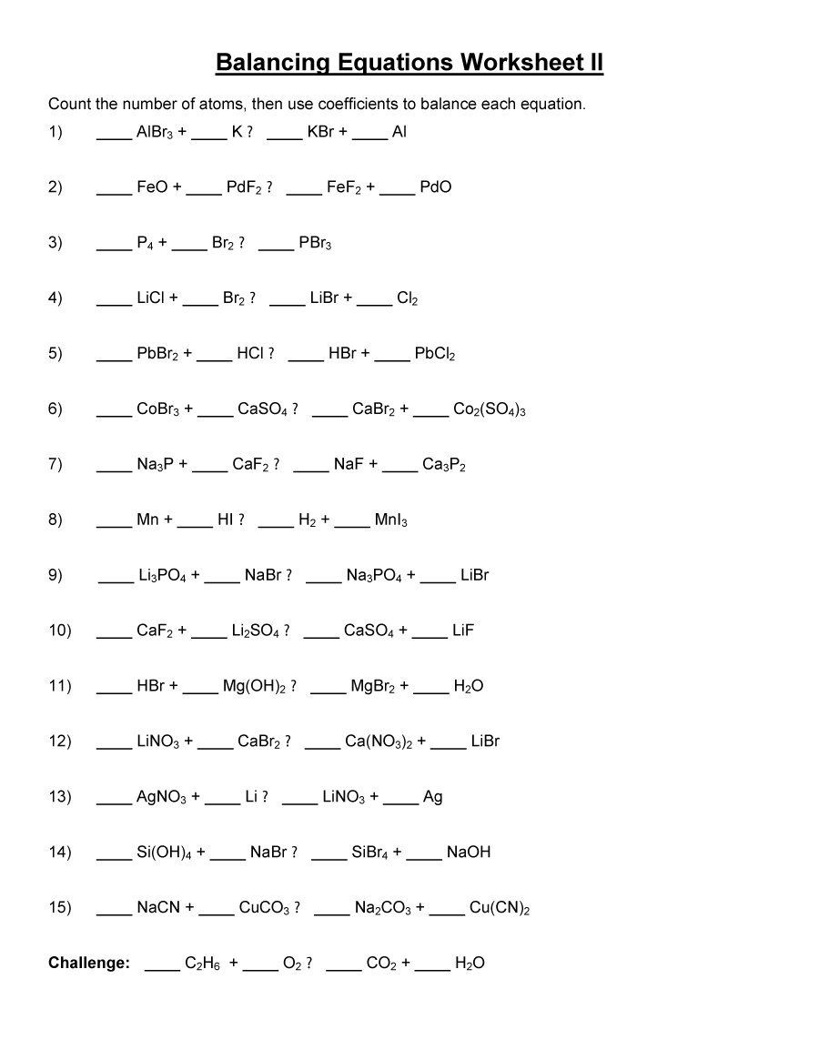 Balancing Chemical Equations Worksheet Pdf