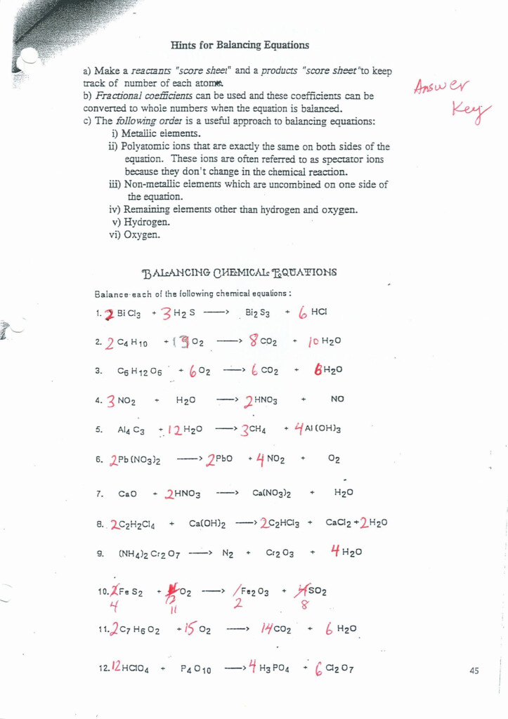 Balancing Equations Answer Key Balancing Equations Worksheet Answer 