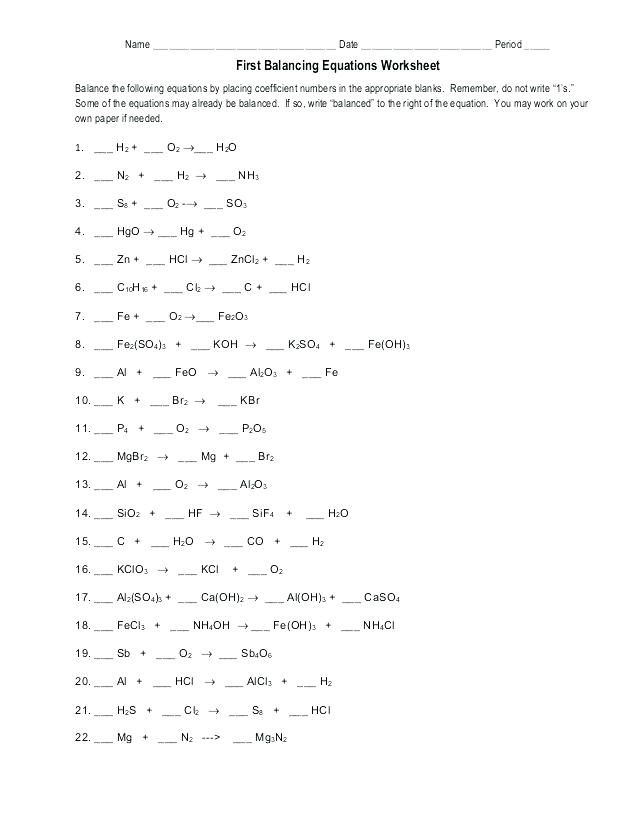 Balancing Equations Worksheet 1 Answer Key
