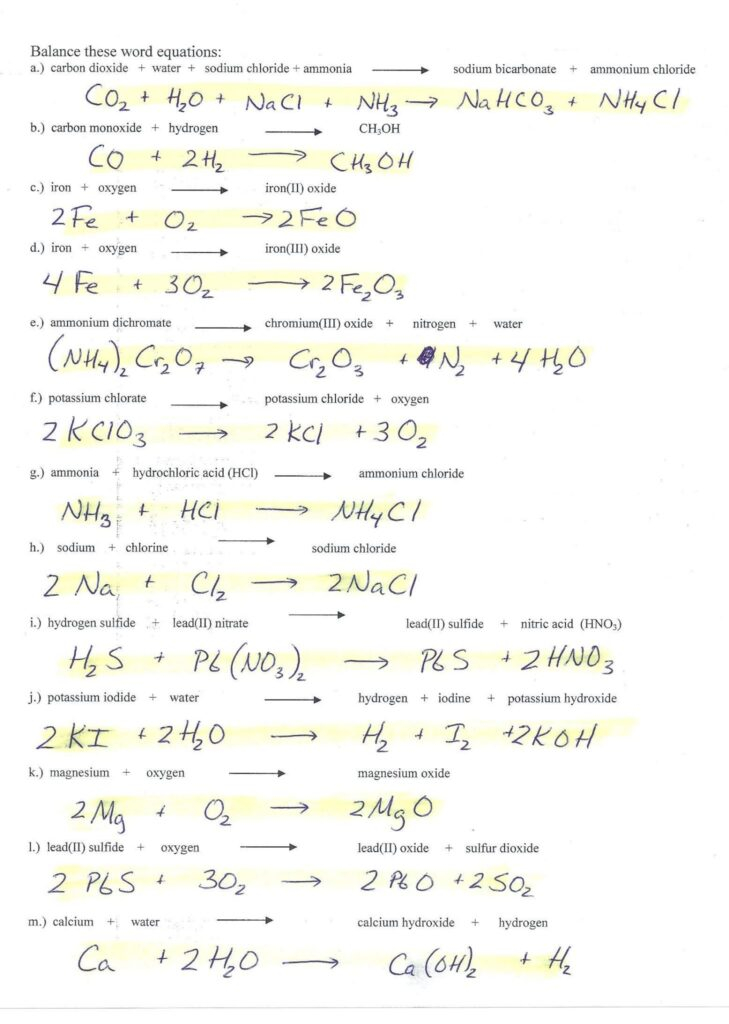 Balancing Equations Worksheet Briefencounters