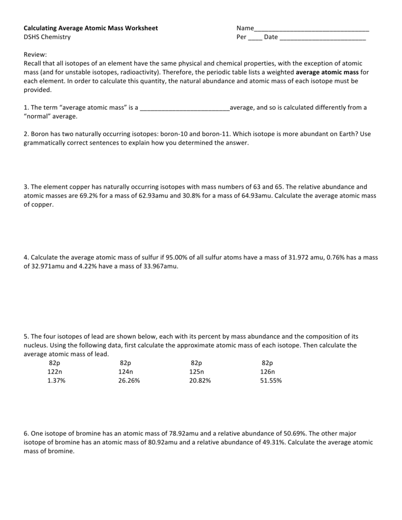 Calculating Average Atomic Mass Worksheet Answers Worksheet List