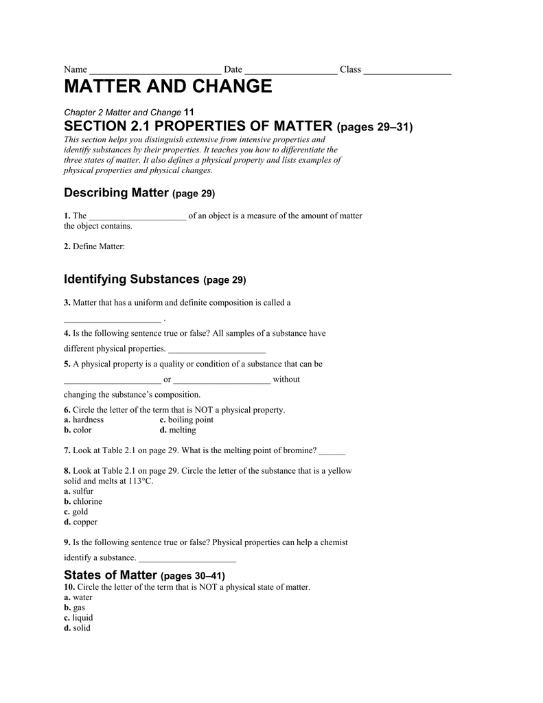 Chapter 2 Matter And Change Worksheet Answers Pearson 