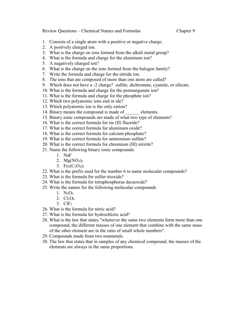 Chapter 9 Chemical Names And Formulas Worksheet Answers Worksheet