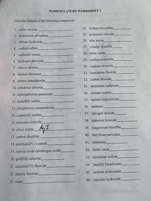 Chemical Formulas And Nomenclature Worksheet Answers Worksheet List