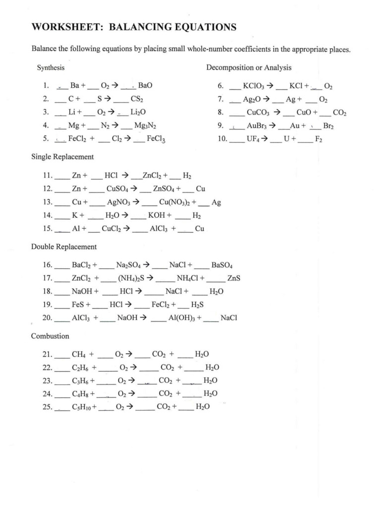 Chemical Reaction Equations Worksheet