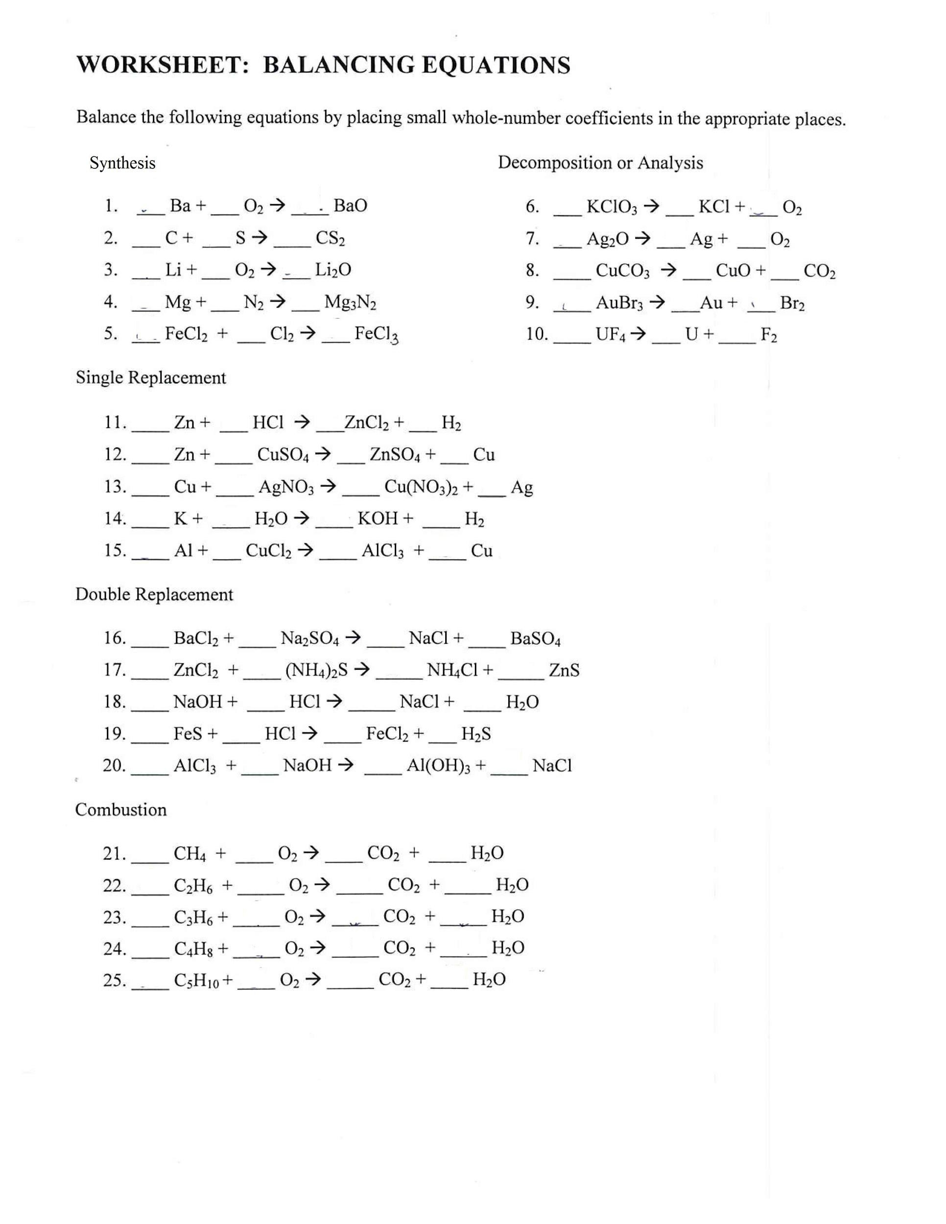 Chemical Reaction Equations Worksheet