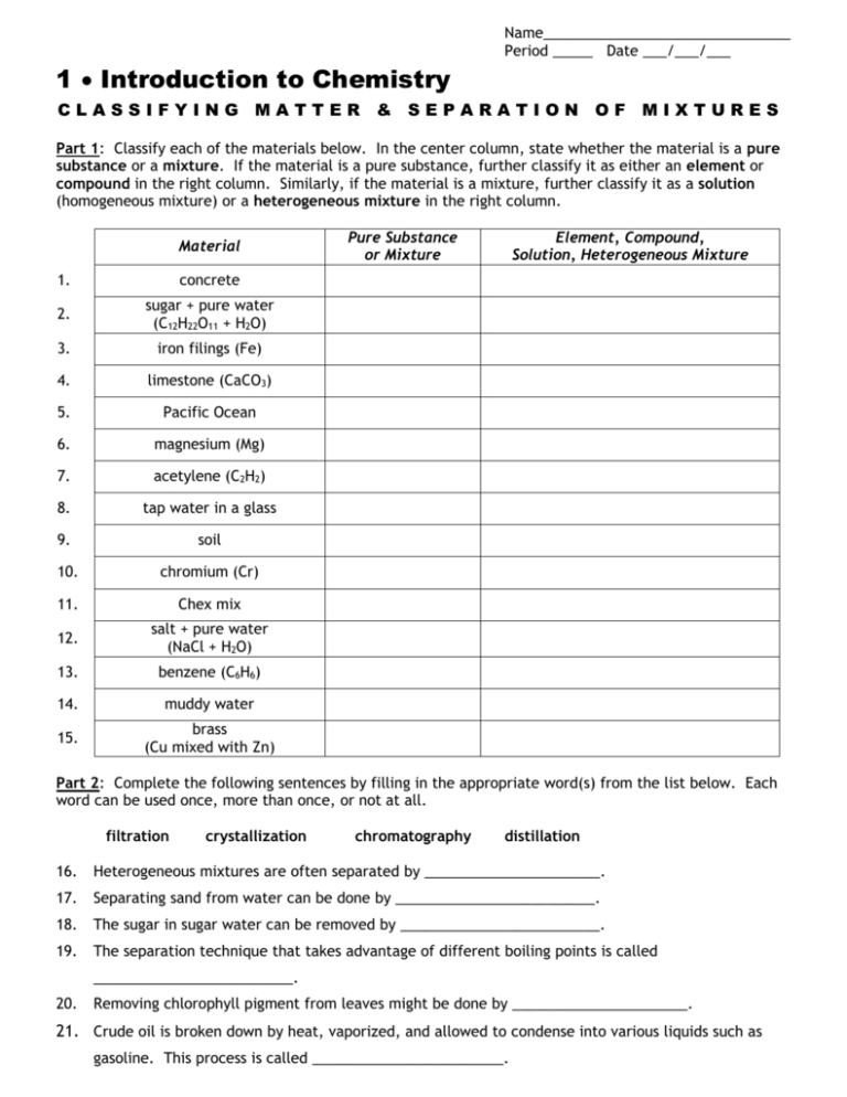 Chemistry 1 Worksheet Classification Of Matter And Changes Answer Key 