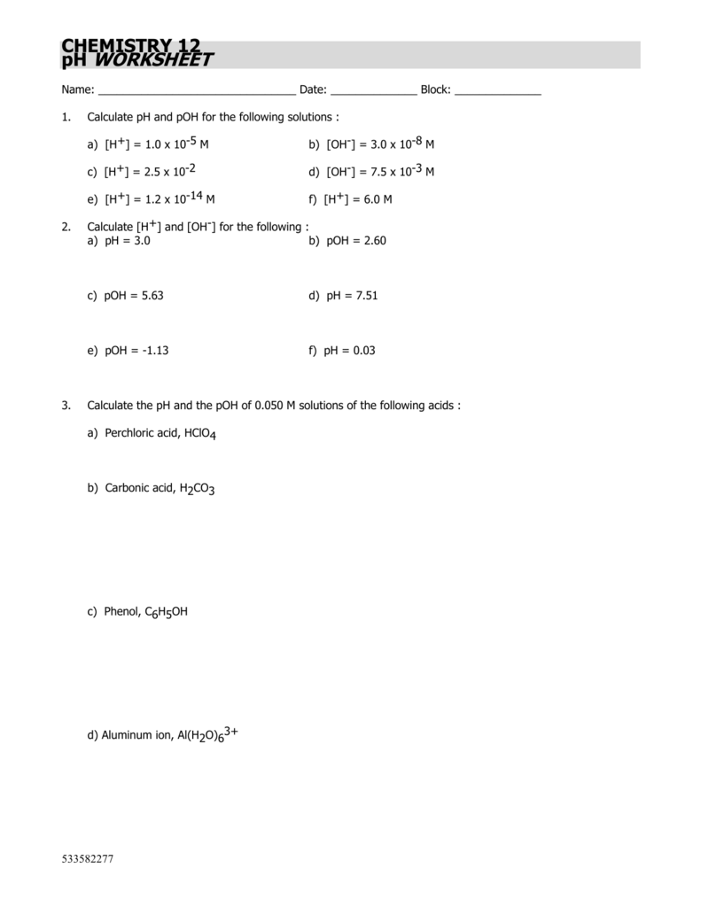 CHEMISTRY 12 PH WORKSHEET