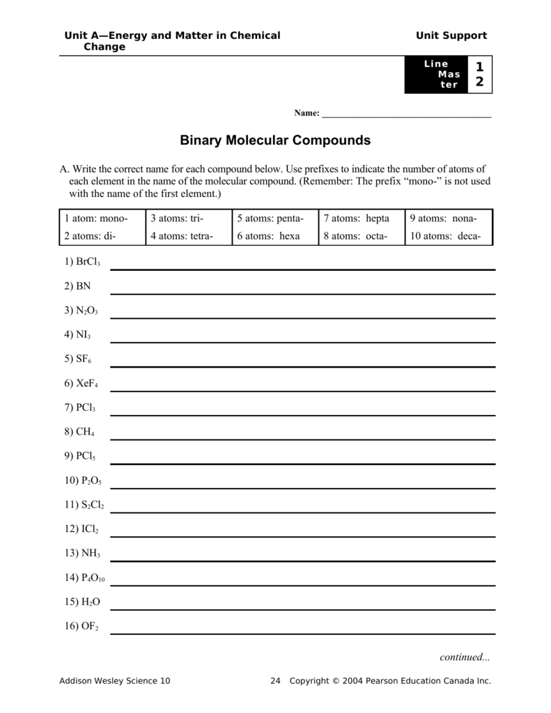 Chemistry A Study Of Matter Worksheet Molecular Compounds Answers 