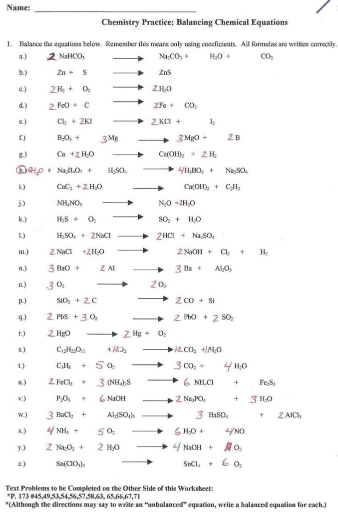 Chemistry Balancing Chemical Equations Worksheet Answer Key Class 10 