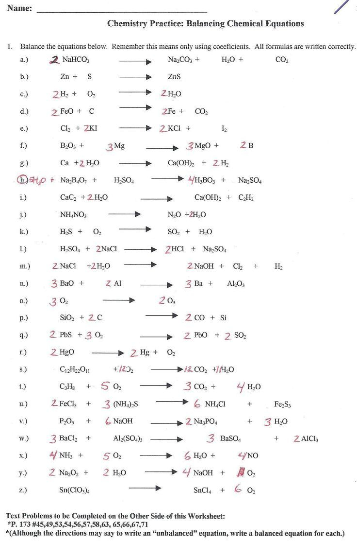 Chemistry Balancing Chemical Equations Worksheet Answer Key Class 10 