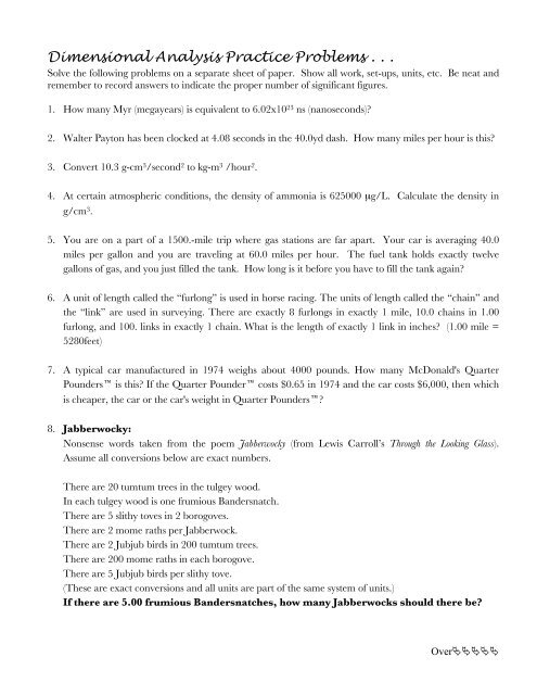 Chemistry Dimensional Analysis Worksheet Answers Promotiontablecovers