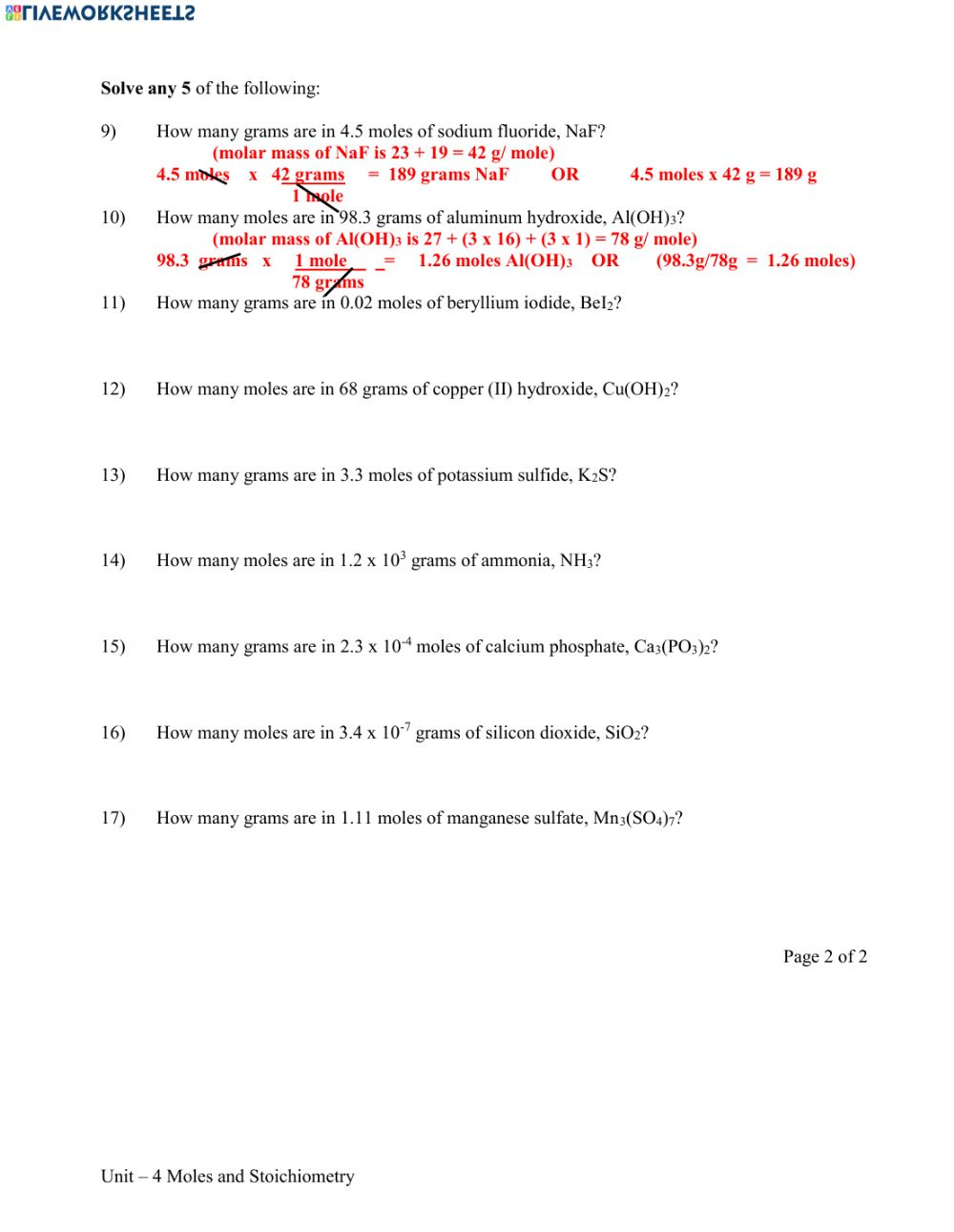 Chemistry Mole Calculation Worksheet Worksheet